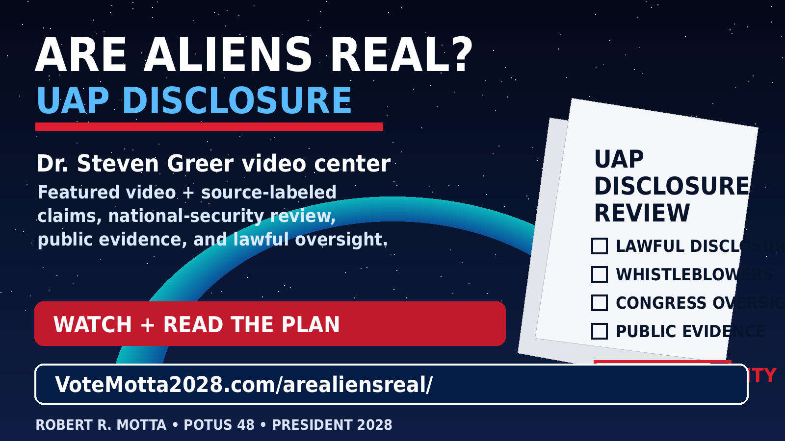 Are Aliens Real UAP disclosure Vote Motta 2028 campaign graphic