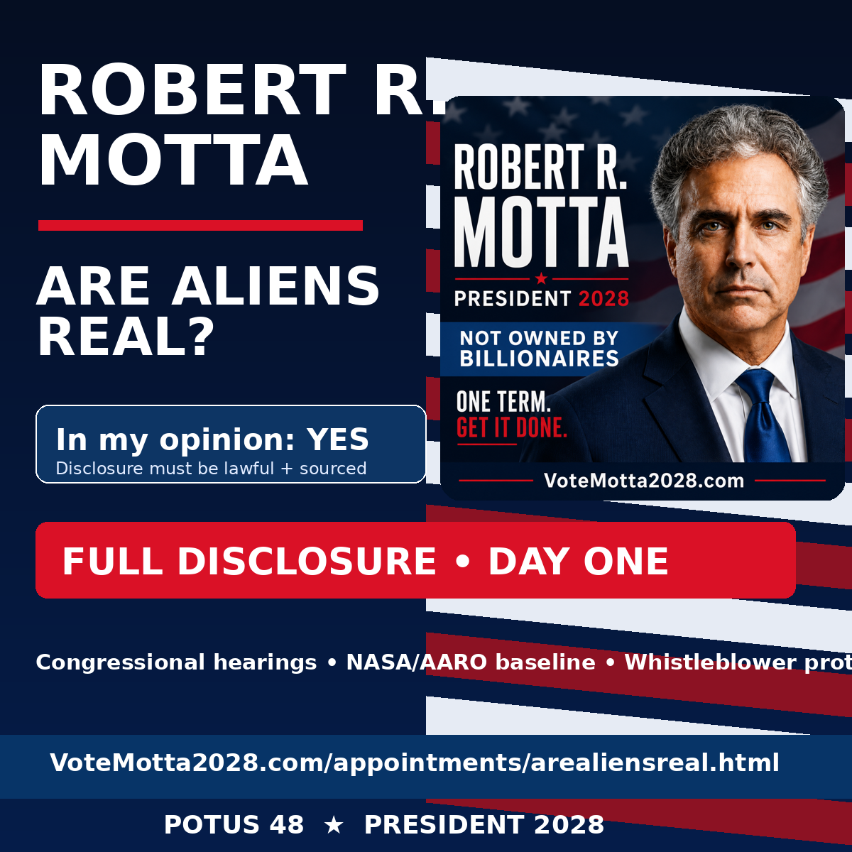 Are Aliens Real Robert R. Motta social media campaign graphic