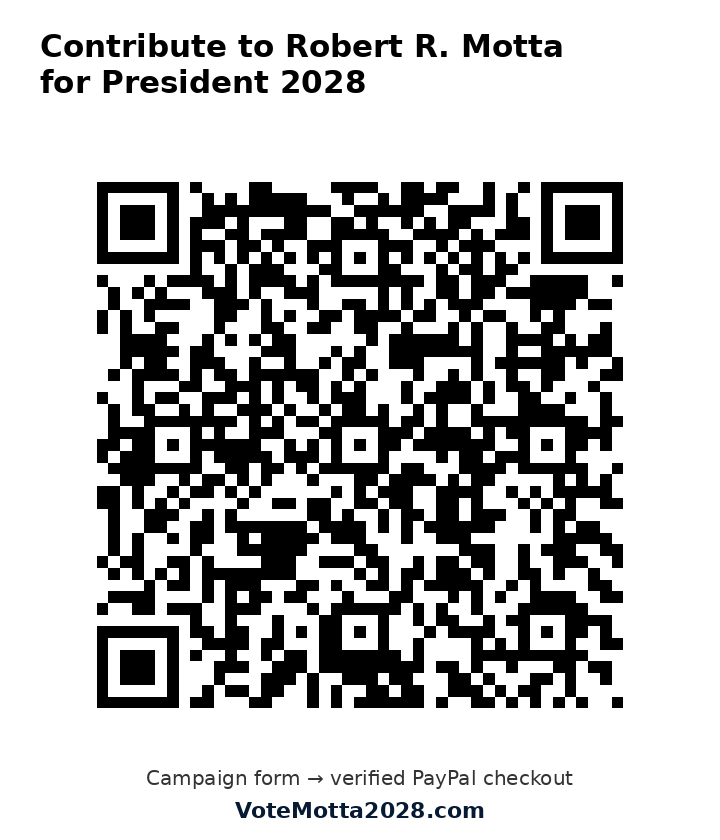 QR code to the VoteMotta2028 campaign contributor form and PayPal checkout