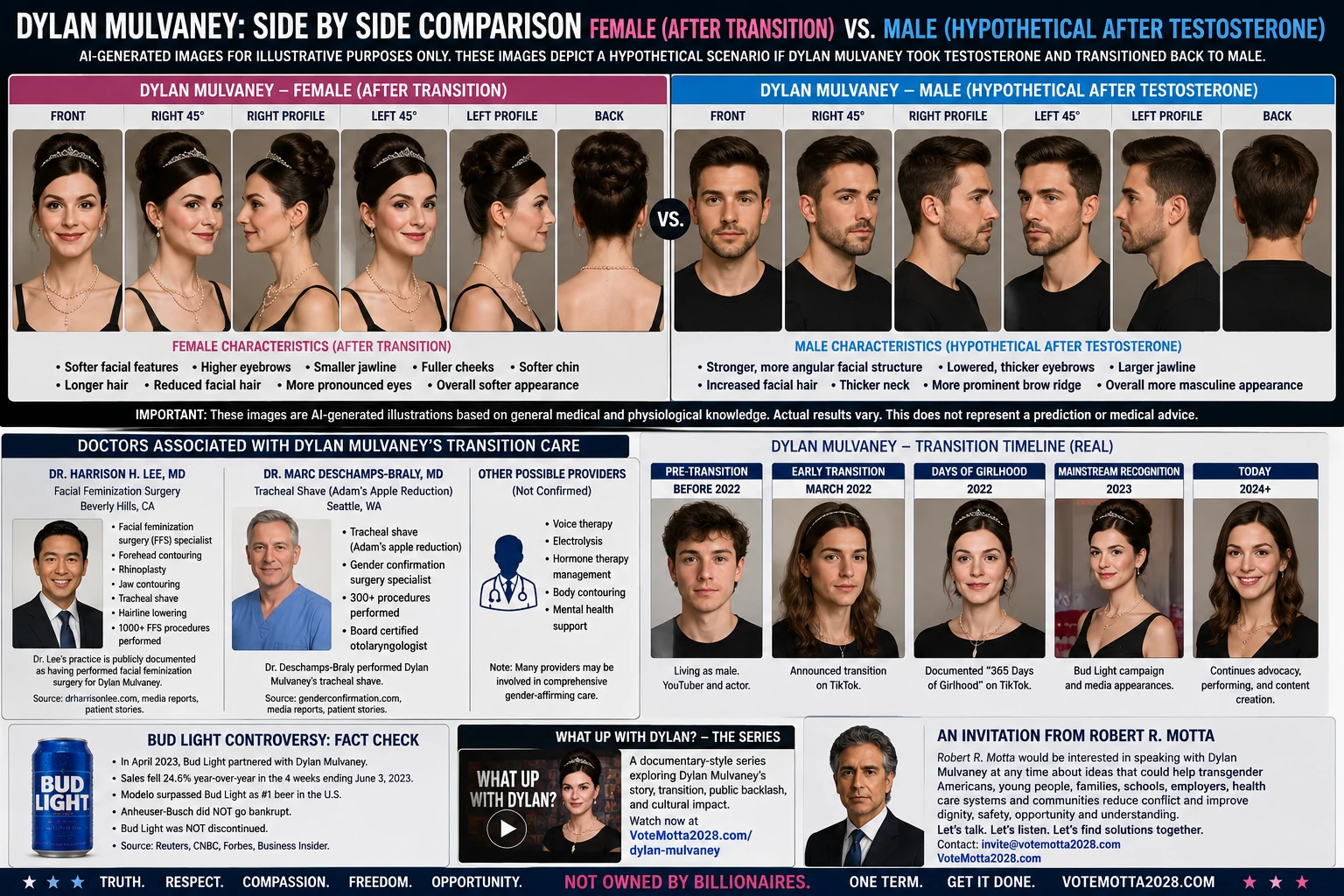 AI side-by-side: Dylan Mulvaney and hypothetical masculinized presentation — all angles